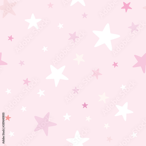 Cute baby girl nursery seamless pattern with white stars on pink background. Perfect for fabric, textile, nursery decoration, baby shower. Surface pattern design.
