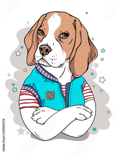 Cute cartoon beagle dog in a blue stylish vest. Portrait of a dog. Stylish image for printing on any surface