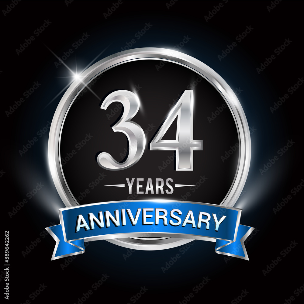 Celebrating 34th years anniversary logo with silver ring and blue ribbon. Celebrating 34th years anniversary logo with silver ring and blue ribbon.