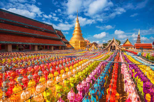 beautiful Color Lamp Loy Krathong at Wat Phra That Haripunchai Lamphun Thailand © nopporn