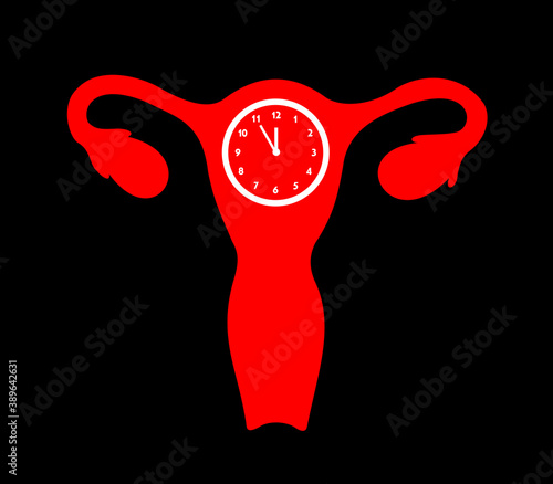 Uterus with time clock - organ is getting old. Age, ageing and ability to conveive. Fertility and infertility of fertile and infertile woman. Vector illustration isolated on black