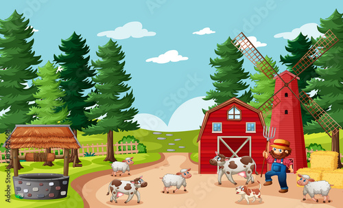 Farmer with animal farm in farm scene in cartoon style