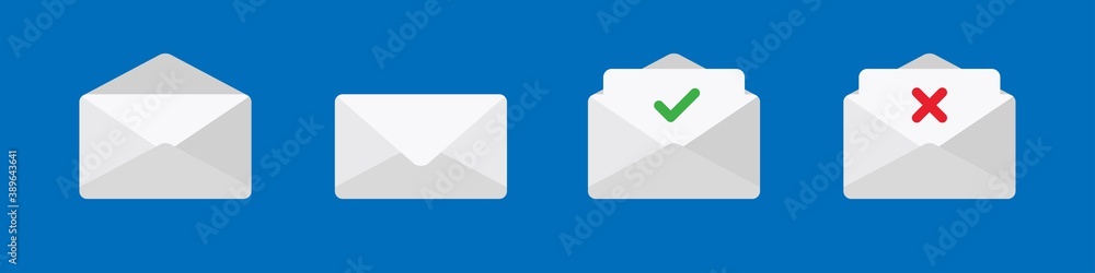 Paper envelope mails. Vector flat illustration. Send new message check mark cross. Delivery of correspondence or office documents. Stock vector. Paper envelope mails. Vector flat illustration. Send new message check mark cross. Delivery of correspondence or office documents. Stock vector.