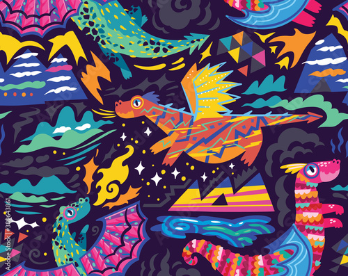 Fotografie Fairy dragons seamless pattern
