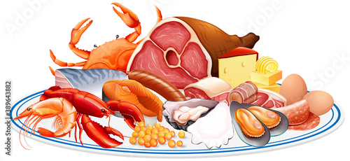 Fresh foods or food protein groups such as meat seafood egg and nuts in a group isolated on white background