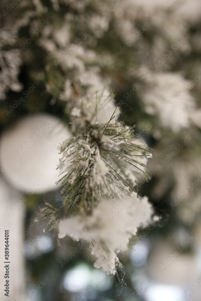 Christmas ball snow-covered fir tree, close-up, blurred bokeh background. Christmas background for a postcard. Decoration for a Christmas tree, spruce branches, New Year's toys. Christmas ball snow-covered fir tree, close-up, blurred bokeh background. Christmas background for a postcard. Decoration for a Christmas tree, spruce branches, New Year's toys.