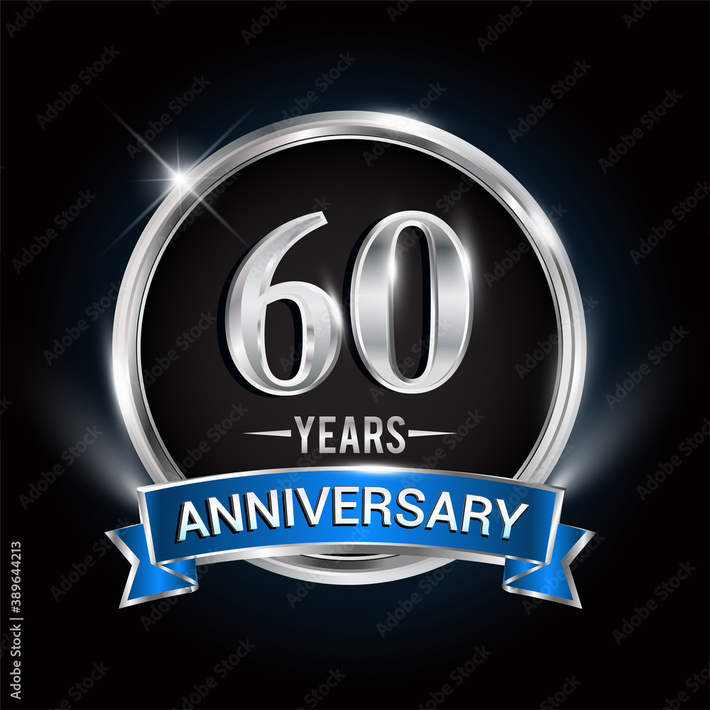 Celebrating 60th years anniversary logo with silver ring and blue ribbon. Celebrating 60th years anniversary logo with silver ring and blue ribbon.