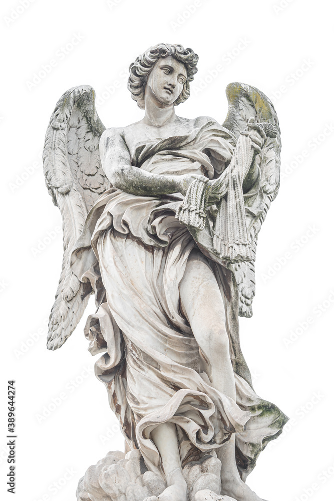 Statue of a beautiful holy angel with wings at the Saint Angel bridge (Ponte Sant Angelo), isolated at white background, Rome, Italy.