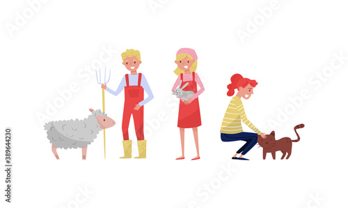 People Farmers Taking Care of Domestic Animals Vector Illustration Set