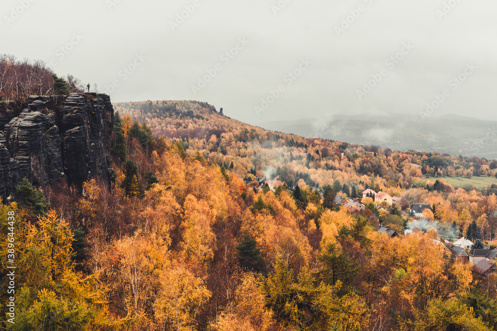 Sandstone Tisa rocks or Tisa walls in Bohemian Switzerland autumn fall dramatic view landscape in Czech-Saxon Switzerland, Czech Republic