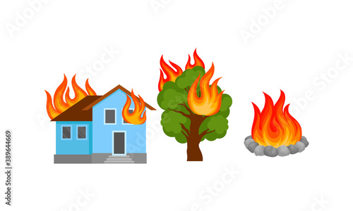 Flaming and Burning Objects with House and Tree on Fire Vector Set