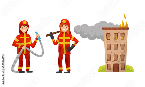 Man and Woman Firefighter Carrying Firehose and Shovel Vector Illustration Set