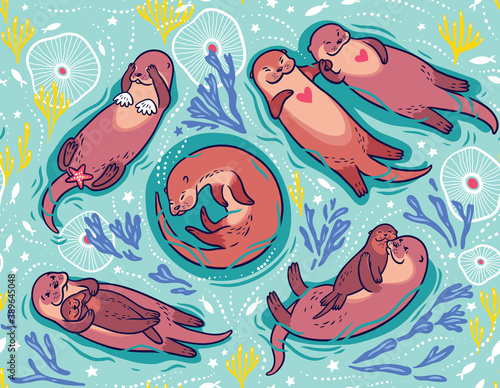 Vector pattern with cute lovely sea otters
