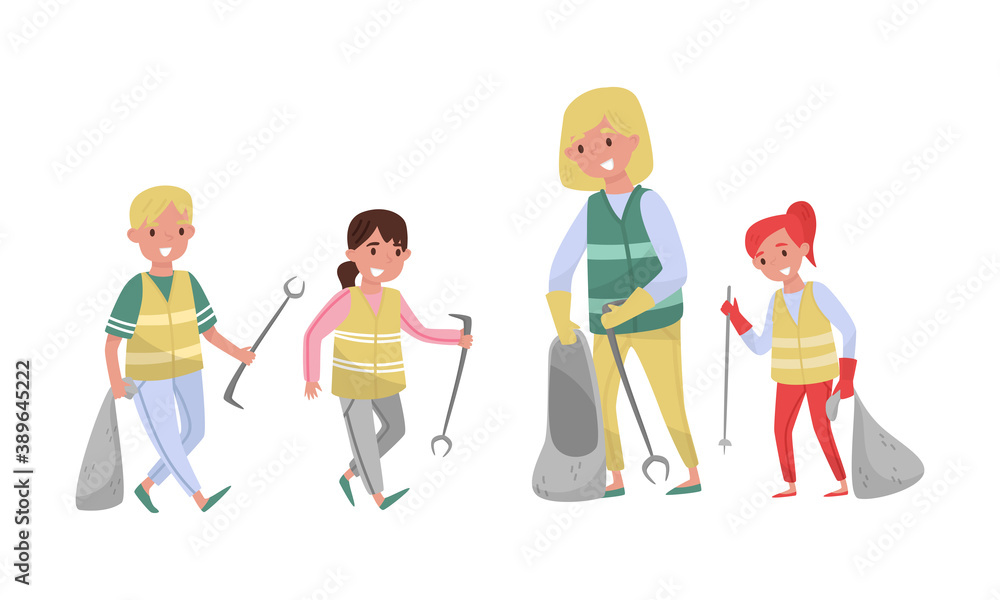 People Characters Volunteers Picking Up Litter in Sack Vector Illustration Set