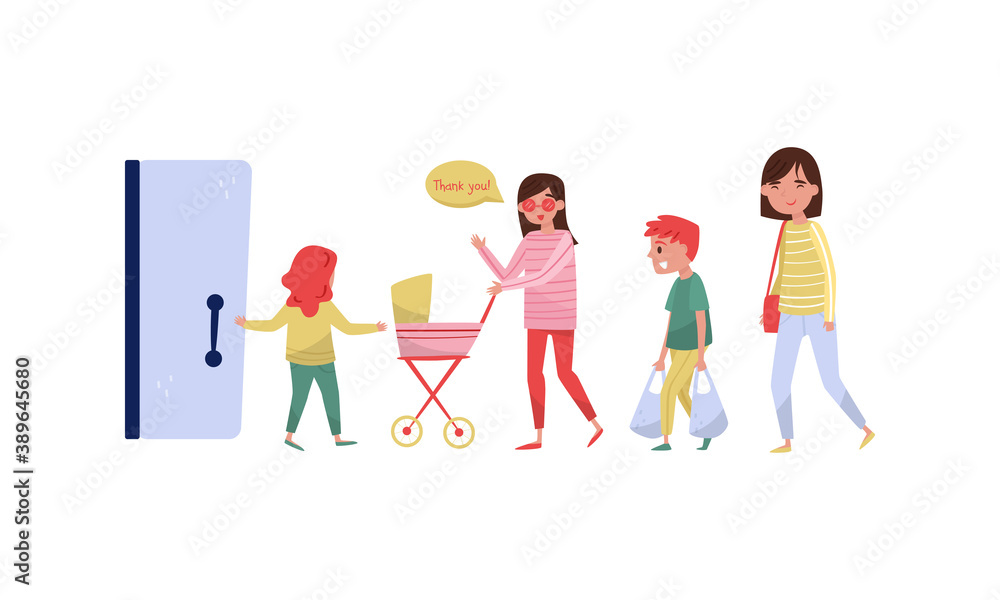 Little Girl Opening Door to Young Woman with Baby Carriage and Boy Carrying Shopping Bags Vector Illustration Set