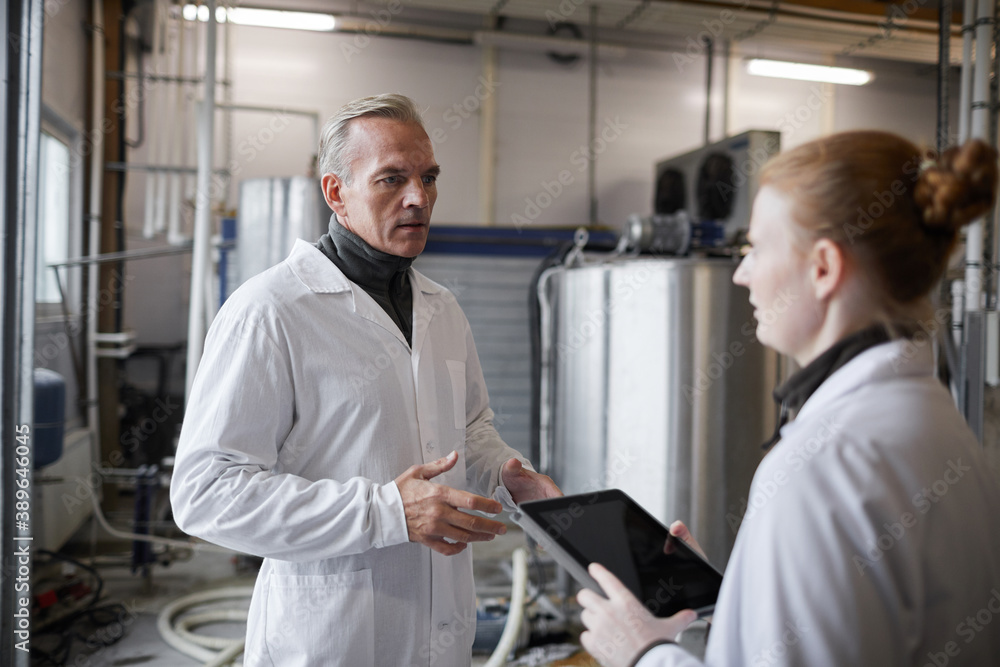 Obraz premium Waist up portrait of mature man instructing female worker while discussing work at food production factory, copy space