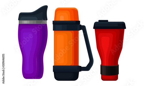 Thermos Bottle or Vacuum Flask as Vessel for Liquid Storage Vector Set