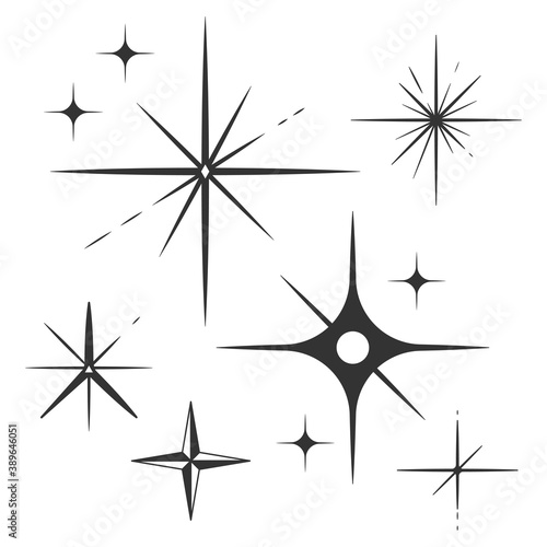 Shiny stars with twinkle sparks vector black silhouettes set isolated on a white background.