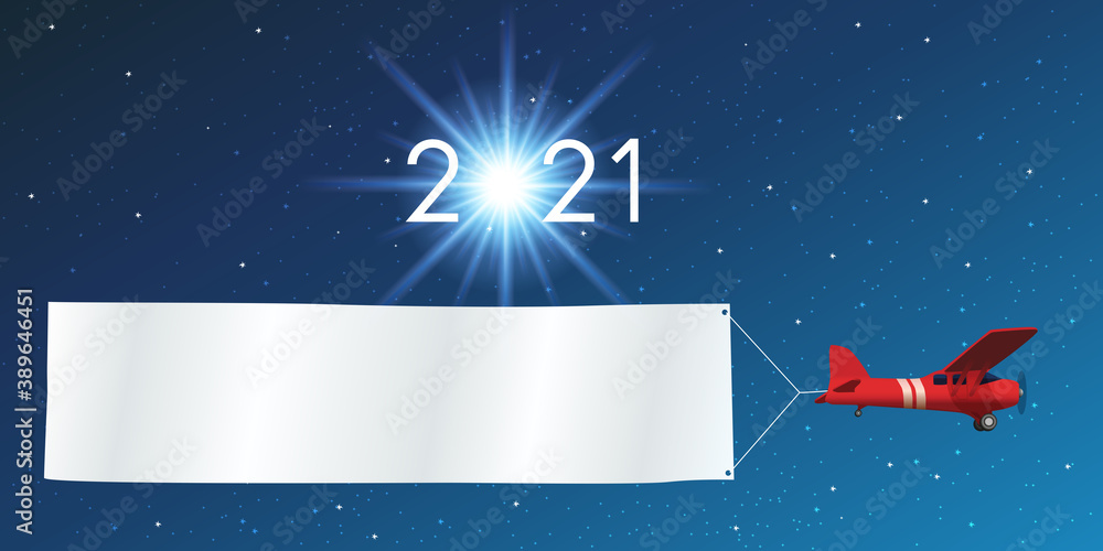 Φωτογραφία Carte de vœux 2021 sur fond de ciel étoilé, avec un avion rouge tirant une banderole blanche pour écrire un message ou souhaiter ses meilleurs vœux pour la nouvelle année