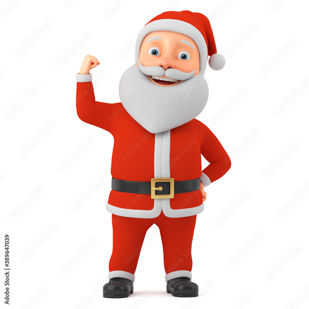 Cartoon character Santa Claus in winter clothes celebrating a victory on an isolated white background. 3d render illustration. Cartoon character Santa Claus in winter clothes celebrating a victory on an isolated white background. 3d render illustration.