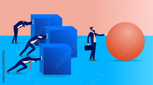 Work smarter not harder in business - Man working effortlessly with ball while colleagues struggling with square shapes. Vector illustration.
