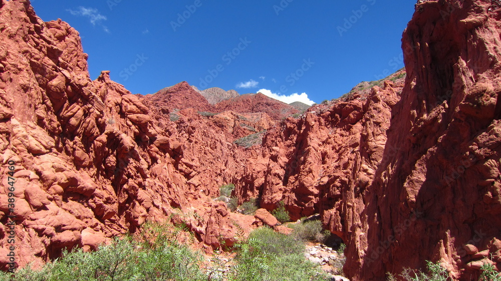 Fototapeta premium Vista de un cañón en una zona desértica, con piedras de tinte rojizo , desgastadas por el paso de los siglos.