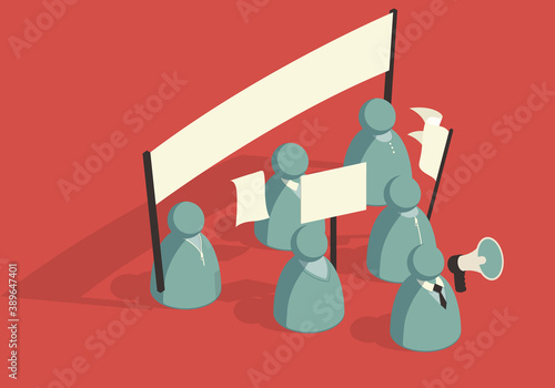 Isometric abstract crowd of protesters with banners on red background