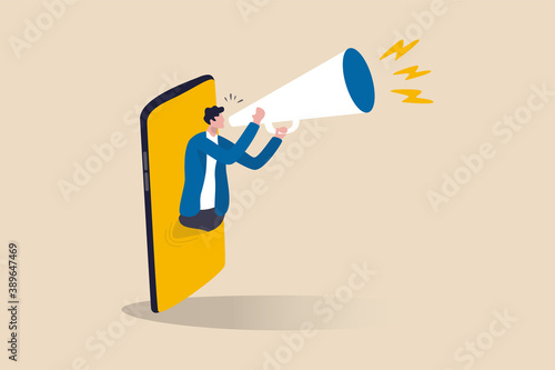 Mobile marketing, digital strategy using influencer or advertising with social media app targeting user smartphone concept, cheerful man telling promotion on megaphone appearing from mobile smartphone