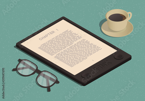Isometric ebook reader with cup of coffe and glasses