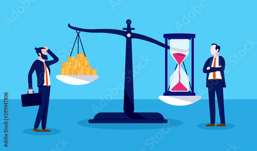 Time is money illustration - Businessmen measuring the value of time versus money. Time is more valuable than money concept. Vector format.