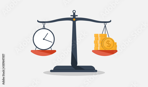 Time is money vector illustration. Weight scale with clock and coins. Whats the value of your time concept.
