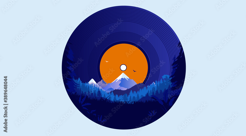 Vinyl record with nature illustration - Forest and mindfulness music concept.