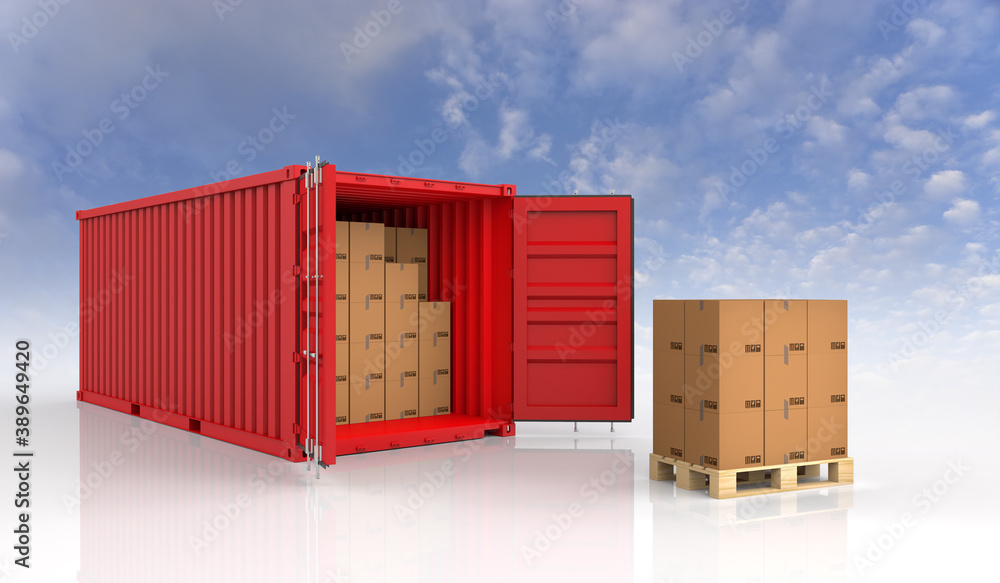 Fototapeta premium Open Container with Cardboard Boxes. 3D Rendering