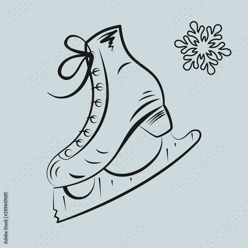 Skating shoe, snow flake icons, outline sketch style illustration, holiday winter recreation time, decorative element for web design