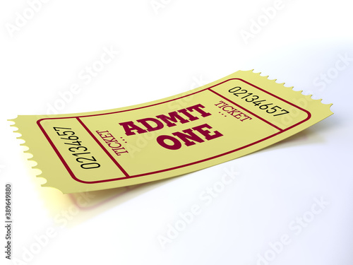 Vintage retro cinema creative concept: retro vintage admit one ticket made of yellow paper isolated on white background, closeup view. 3D illustration.