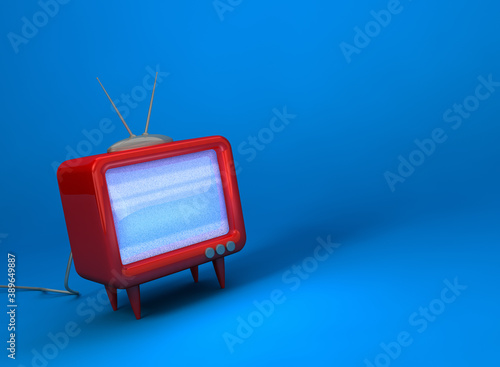 Funky red retro TV with static noise isolated on white background. 3D illustration.