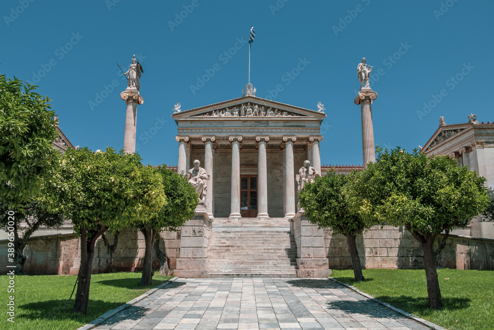 The Academy of Athens, statue of Plato and Socrates, Athena and Apollo