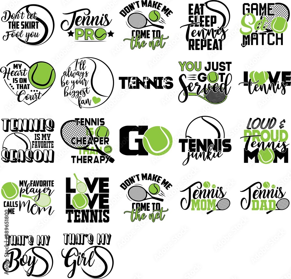 Set of tennis quotes. Tennis player, racket, ball vector Stock Vector
