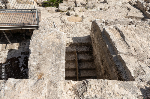 Ruins of  Second Temple time of the ritual bath - Mikveh at the site of the Western Wall Excavations near the Temple Mounts Wall in the old city of Jerusalem in Israel photo