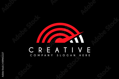 Speed meter logo design vector illustration. Speed meter icon. Suitable for business and technology logos isolated on black background photo
