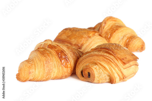 Group of french pastry - viennoiserie : croissants and petit pain au chocolat isolated on white background  photo