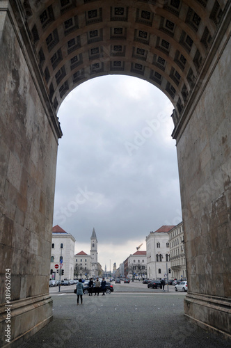Siegestor Victory Gate ruin ancient statue of Bavaria and lion for german people and foreign traveler travel visit on Ludwig street road at Munich capital city on November 16, 2016 in Bavaria, Germany