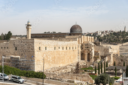 The walls of theTemple Mount, Al-Aqsa Mosque and the Minaret over the Islamic Museum in the Old Town of Jerusalem in Israel