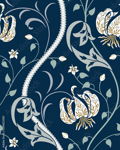 White big lily seamless pattern on dark blue background. Vector illustration.