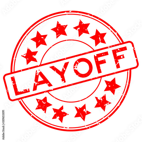 Grunge red layoff word with star icon round rubber seal stamp on white background