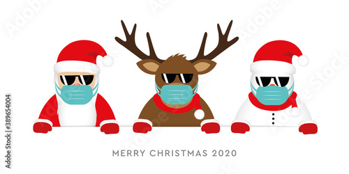 corona virus christmas 2020 design with cute deer santa claus and snowman cartoon vector illustration EPS10
