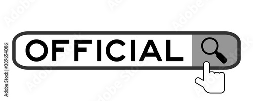 Search banner in word official with hand over magnifier icon on white background