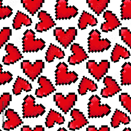 Red pixel hearts isolated on white background. Cute seamless pattern. Colored contour silhouette. Vector flat graphic illustration. Texture.