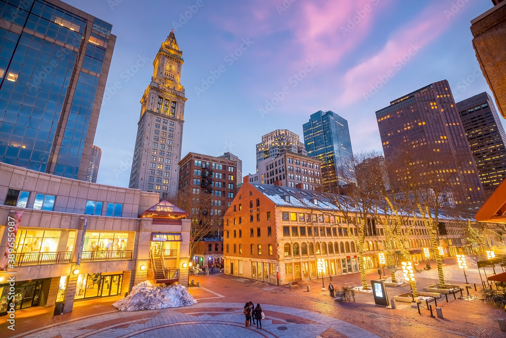 Downtown cityscape of old Market  in the historic area of Boston  USA