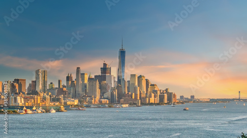 Cityscape of Manhattan skyline at sunset, New York City